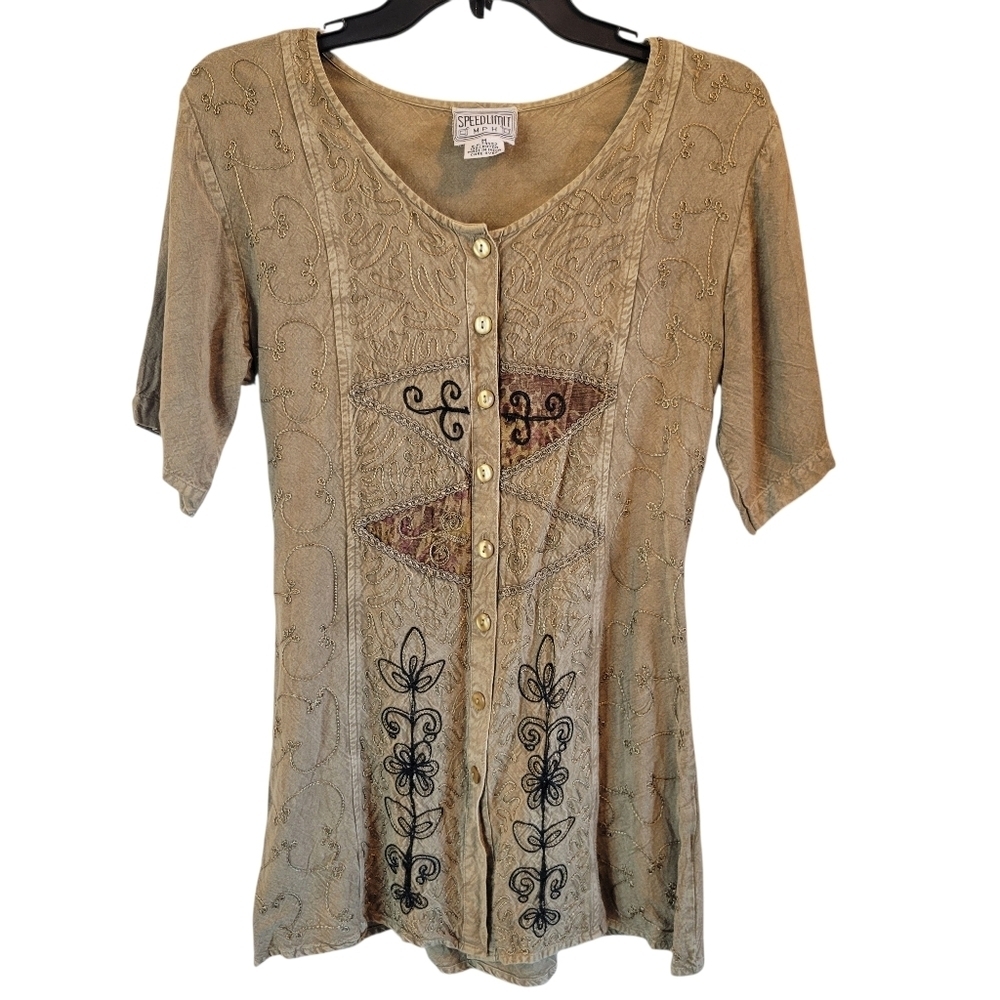 Vintage 90s Speed Limit Embroidered Button Front Boho Short Sleeve Mini Dress
